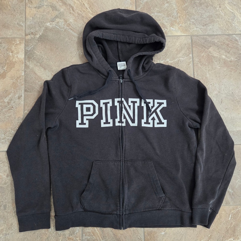 PINK Victoria's Secret Womens Black Full Zip Graphic Logo Hoodie Sweatshirt L